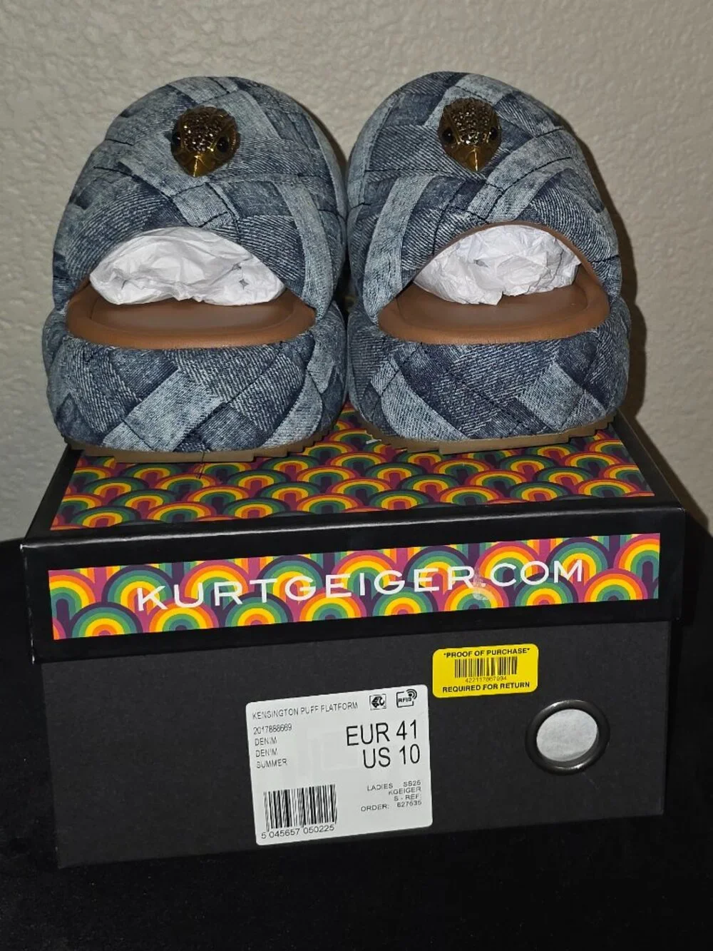 Kurt Geiger Kensington Quilted Denim Patchwork Logo Ornament Platform Slide